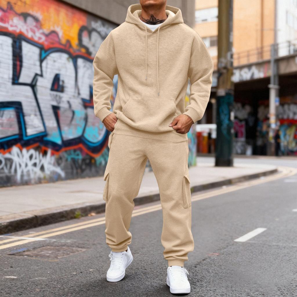Men's Fleece-Lined Thermal Two-Piece Tracksuit Set | Color Hoodie With Cargo Joggers & Elastic Waist For Casual Outdoor Activities