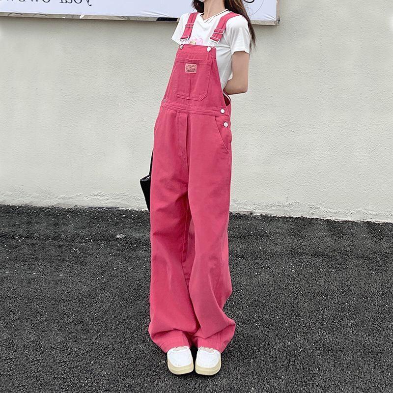 Design Sense Pink Denim Overalls Women's Summer Thin Net Red Niche Slim Casual Straight Wide-leg Pants