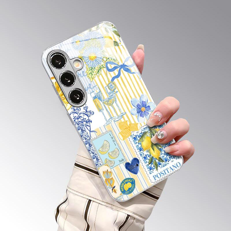 South Italian Lemon Pattern 2D Phone Case for SamsungS26 S25 S24 S23 S22 S21 S20 A56 A36 A16Electroplated Glass Protective Cover