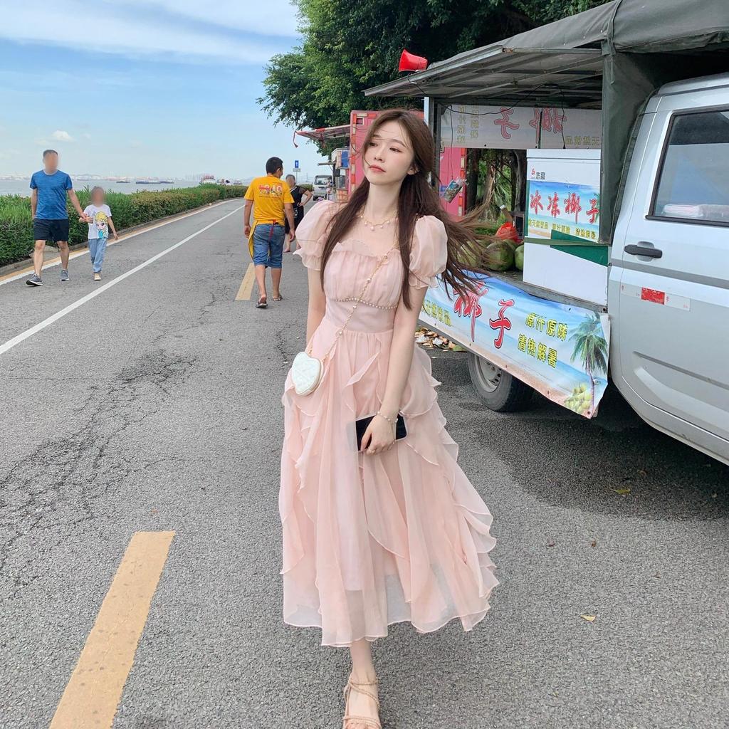 French square collar sweet gentle wind dress women's summer women's clothing waist thin ruffle edge long fairy skirt