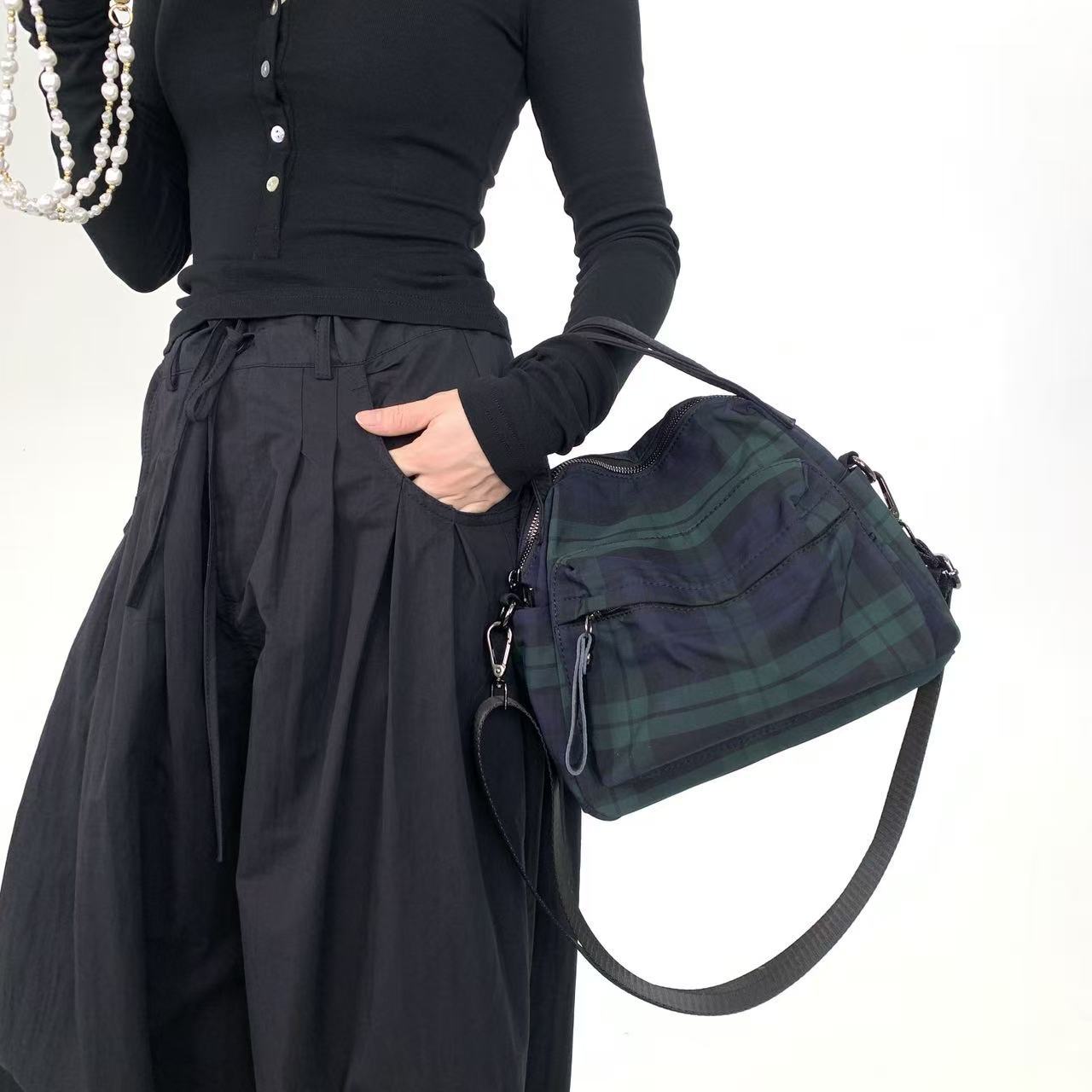 Женская клетчатая сумка через плечо с швами, много карманов, ретро, пэчворк зелёный