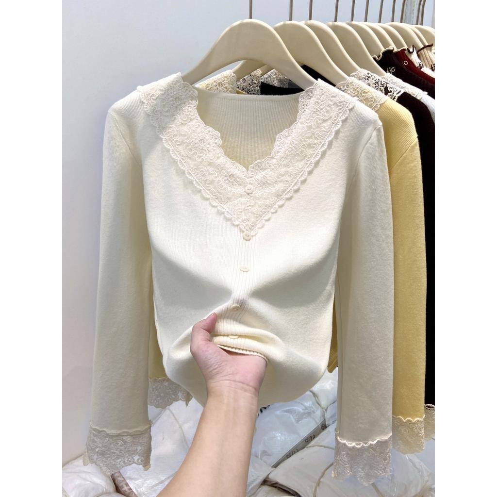 Milk Blue Collar Lace Splicing Knitted Top Women's Spring Sweet Age-reducing Inner Bottoming Sweater