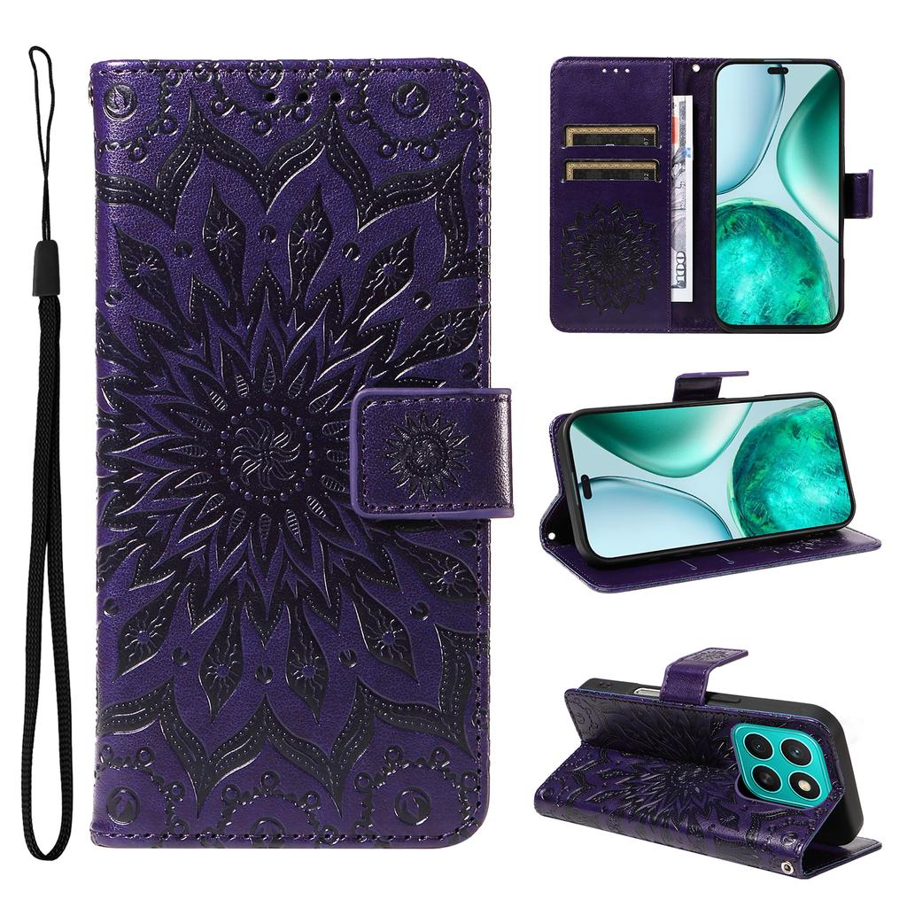 For Honor X8c 4G Phone Case Sunflower Imprinted Leather Wallet Stand Cover with Strap