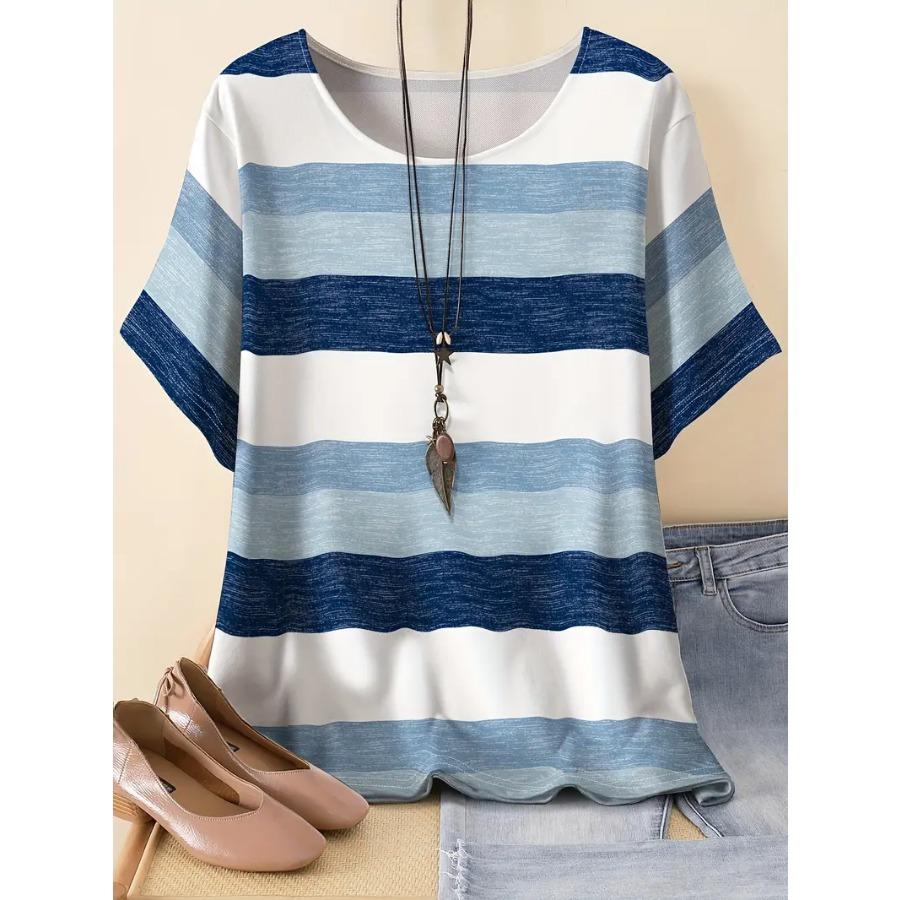 

Футболка в яркую полоску больших размеров - Повседневный топ с коротким рукавом и круглым вырезом - Стильная и удобная для весны и лета - Женская модная одежда больших размеров 5XL