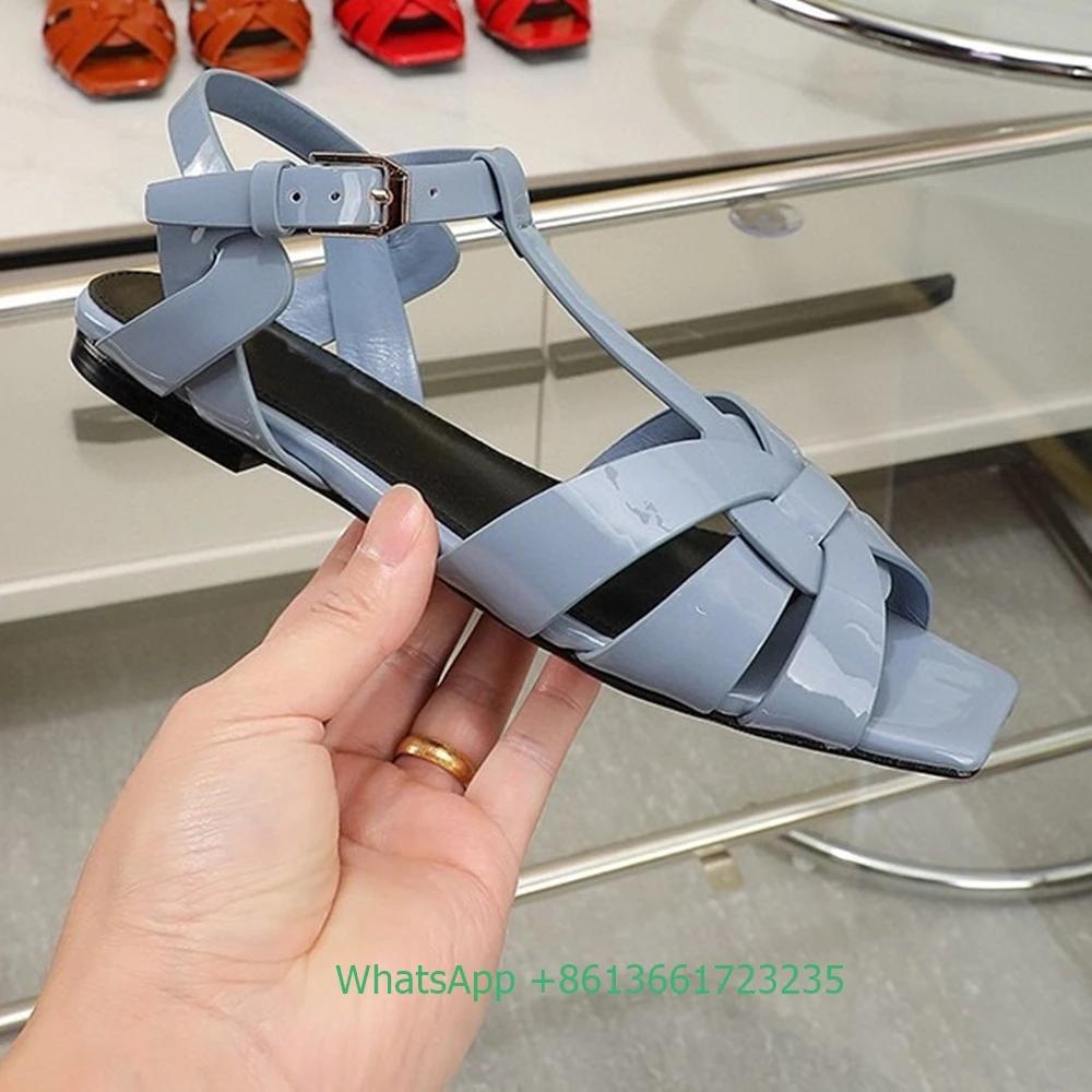 Fashion Women Cross Straps Square Toe Flat with Sandals Solid Color Open Toe Real Patent Leather Flat Sandales 2025 Newest Summer Sandal