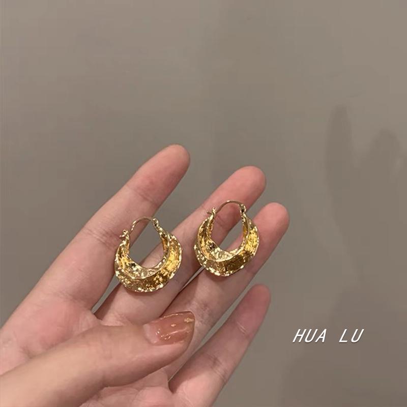 Elegant Gold Geometric Irregular Pleated Metal Hoop Earrings