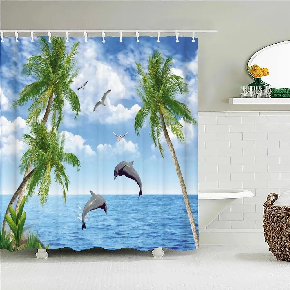 Sunny Beach Seaside Scenery 3D Printing Shower Curtain Large Size Waterproof Polyester Home Decor Curtain With Hooks