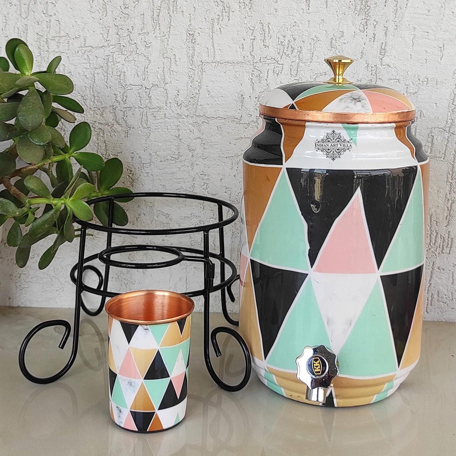 

Pure Copper Colorful Triangle Printed Design Water Pot Heavy Gauge with Brass Tap & Copper Glass & Stand, Storage & Serving Water, Volume- 5 Liters