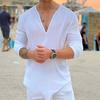 Summer Men T-Shirt Sweat Absorption Solid Color Three-quarter Sleeves V-Neck Loose Fit Shirt Top Streetwear for Men