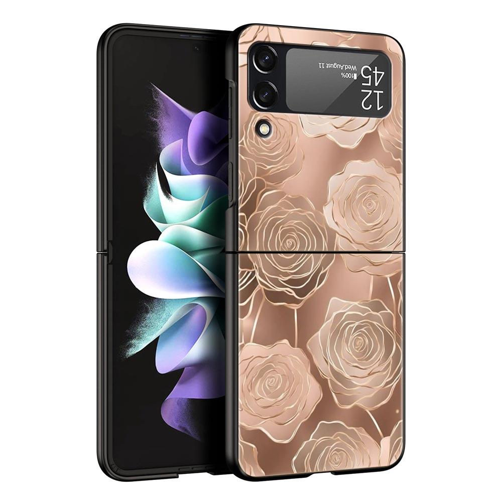 

Phone Case for Samsung Galaxy Z Flip 3 4 5 6 Folding Black Shell Beautiful Rose gold art For Samsung Z Flip4 Flip5 PC Hard Cover Samsung Z Flip