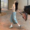 Trendy Summer Designer Slub Vintage Distressed Loose Straight Wide Leg Cropped Capri Denim Pants For Women Versatile Slimming Casual Bottoms