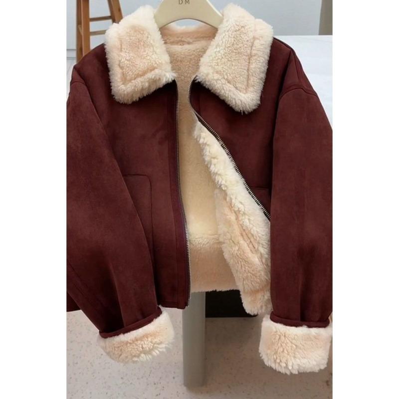 

Ретро олд мани стиль утолщенная теплая куртка женская зимняя красивая с лацканами замшевый бархат меховой топ тренд XL recommends 60kg-65kg бордовый