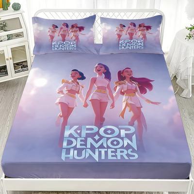 3pcsK-Pop Demon Hunters Printed Coreless Fitted Sheet Set Multi Size Soft Bed Cover Bedroom Bedding Decoration Machine Washable
