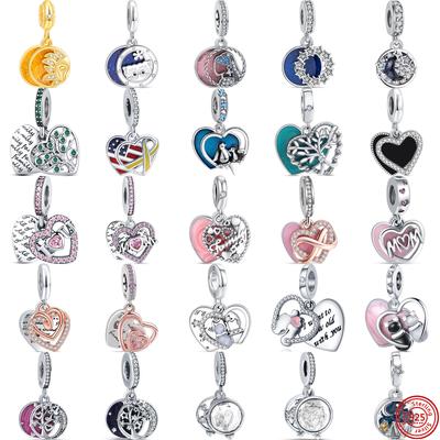 New S925 Silver Pendant Moon Tree I Love Mom Pavé Shiny Beads Fit Original  Charms Bracelet DIY Making Women Jewelry