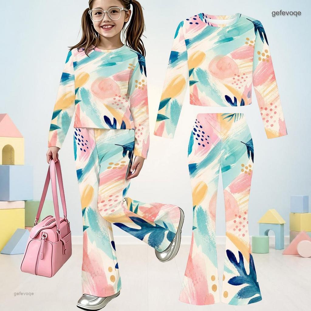 Girls Printed Round Neck Long Sleeve Top Flared Pants Two Piece Set