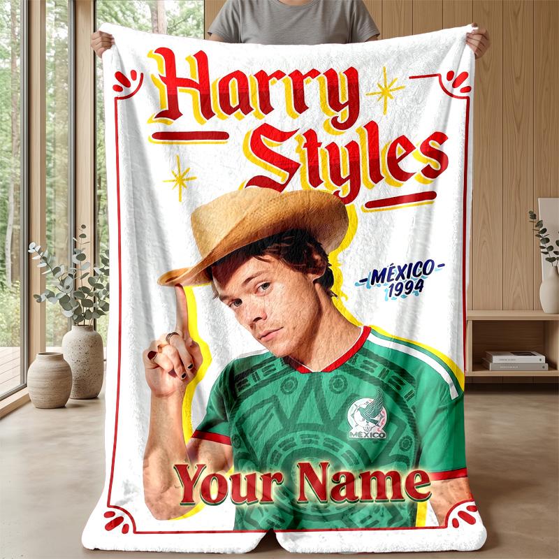 Coperta in Flanella Personalizzata Harry Styles Stampa il Tuo Nome Testo Morbida Calda Coperta Regalo di Festa