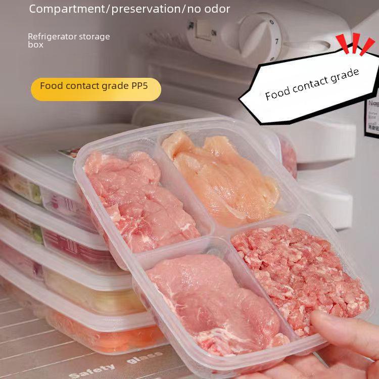 Food-Grade Sealed Refrigerator Storage Box: Four-Grid Meal Prep Container for Frozen Meat, Onion, Ginger, and Garlic.