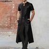 INCERUN Men Short Sleeve PU Open Front Faux Leather Long Cardigan Coats