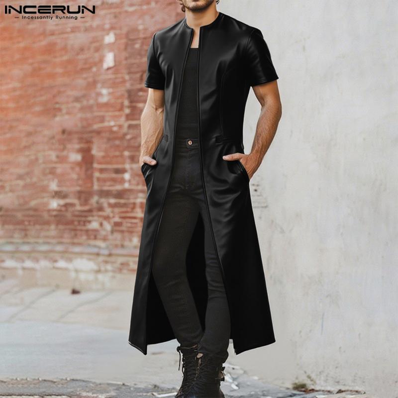 INCERUN Men Short Sleeve PU Open Front Faux Leather Long Cardigan Coats