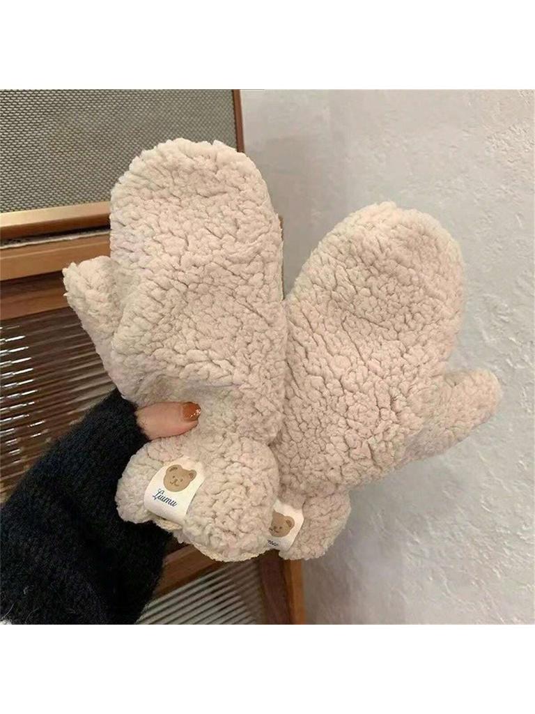 2PCS / A Pair Of Winter Wool Bear Logo Gloves, Women's Hanging Neck Gloves (White, Beige, And Khaki)