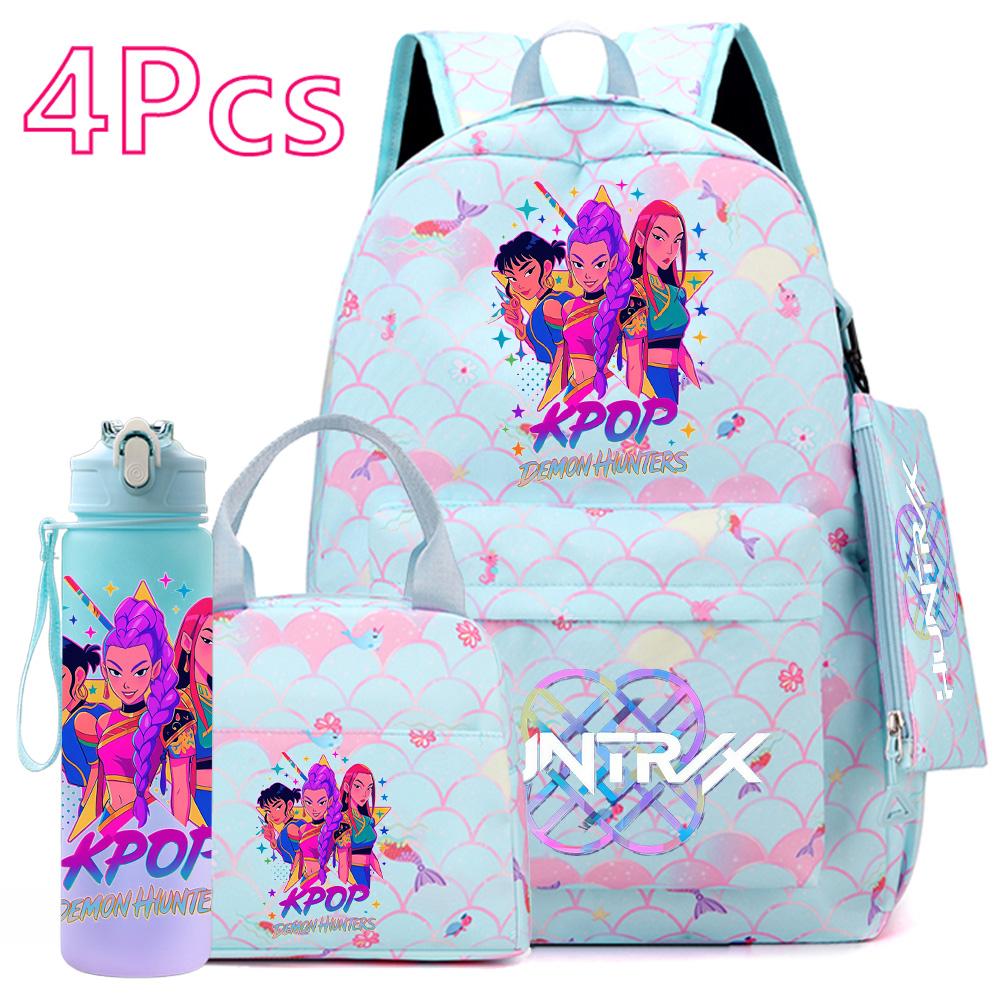 4Pcs/set Anime Cute Printed Backpack Large Capacity Bookbag HandBag Case Bag with 750ml Water Bottler Boy Girl SchoolBag Waterproof Mochila