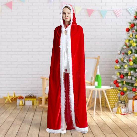 Fur Ball Decor Hooded Flurry Trim Lace-up Christmas Cloak Women Long Type Thick Warm Xmas Cape Party Costume