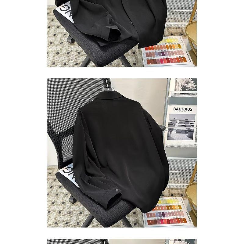 Long-sleeved Thin Shirt for Men Solid Color Drape Light Mature Style Loose Casual Trendy Lapel