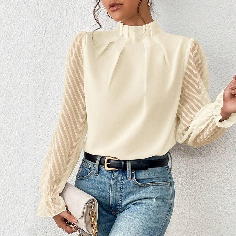Women S Half High Neck Wavy Chiffon Long Sleeve Loose Blouse