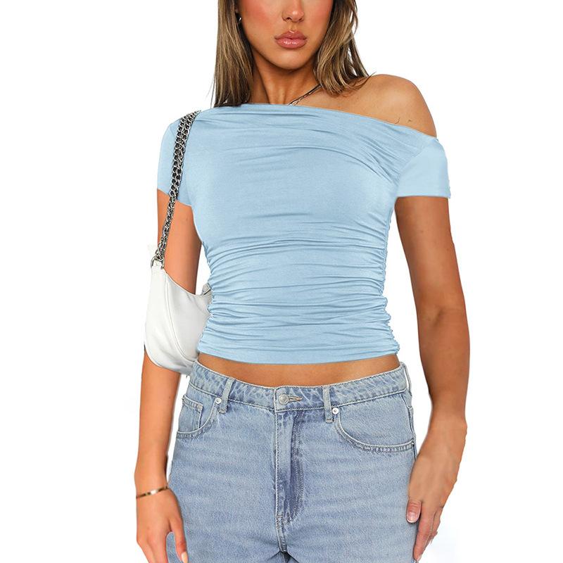 High Elasticity Fabric Solid Color Slash Shoulder Short Sleeve Shrinkage Pleated Navel Reveal Top Ladies Casual Tops