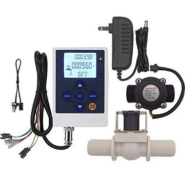 Water Flow Control Meter LCD Display Controller + G3/4" Water Hall Sensor Flow Meter Counter 1-60L/min + G3/4" Electric Solenoid Valve Normally Closed