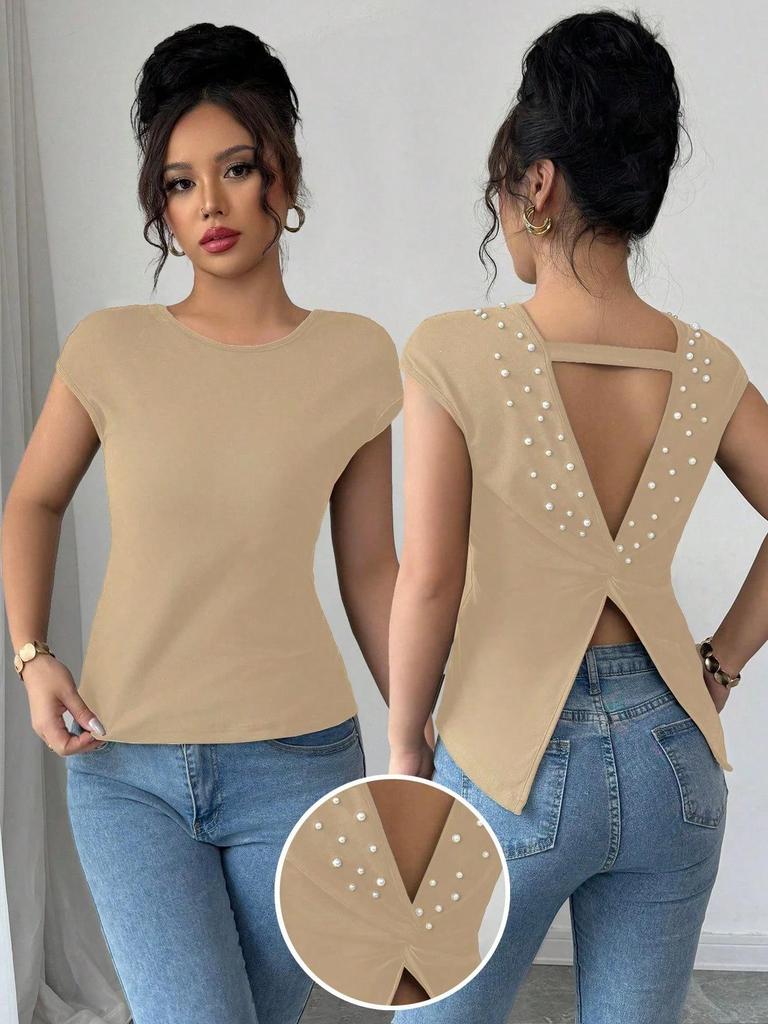 European-American Fashion Women's Solid Color Slim Fit Round Neck Short Sleeve Bodycon T-shirt