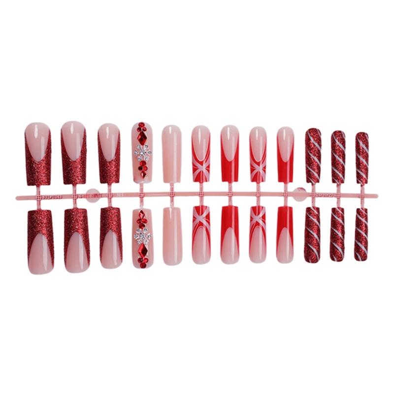 24 Pieces Long Square Press on Nail Christmas False Nail Full Cover Nail Art Decoration For Quick And Easy Application
