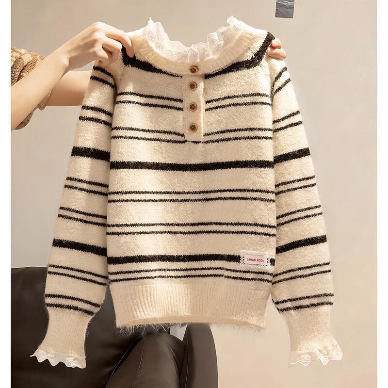 

Women s Lace Collar Striped Loose Knit Top One Size