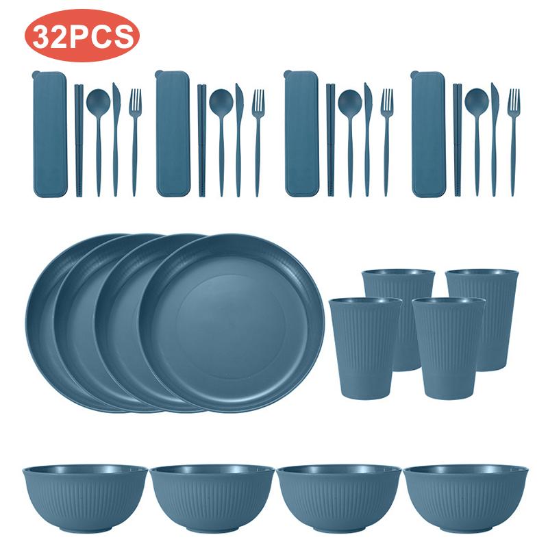 32/36pcs Wheat Straw Cutlery Set Spoon Fork Chopsticks Tableware Picnic Camping Cup Bowl Dish Dinnerware Set Kitchen Accessories