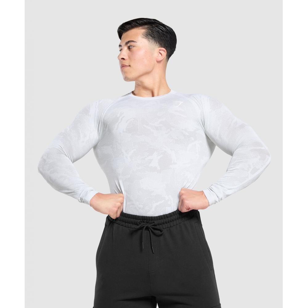 Gymshark Geo Seamless Long Sleeve T shirT whiTe lighT Grey A5a2c Wbdz
