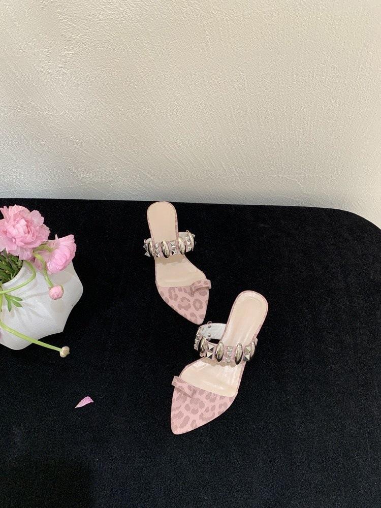 Sexy Slope Heel Metal Set Toe Slippers Women's Summer Wear High-end Leopard Print Cool Slippers Women
