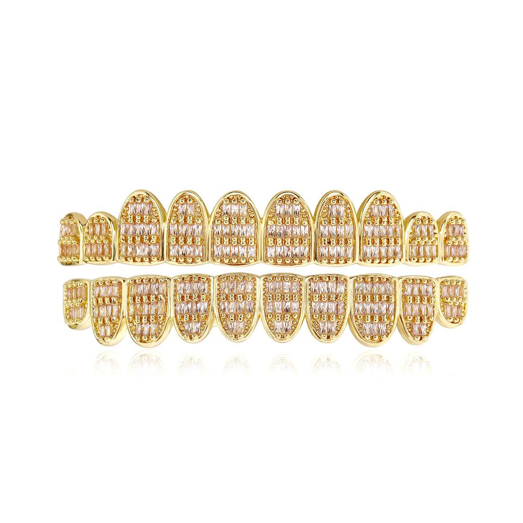 Full Paved 3 Rows T Square CZ Grillz 10 Teeth Brass Real Gold Plated Hip Hop Cool Rapper Teeth Grills Halloween Cosplay Bulk