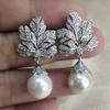 925 Sterling Silver Leaf Pendant Earrings for Women Female Engagement Jewelry Brilliant Zirconia Pearl Wedding Accessories