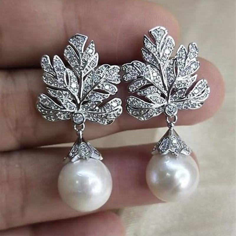 925 Sterling Silver Leaf Pendant Earrings for Women Female Engagement Jewelry Brilliant Zirconia Pearl Wedding Accessories