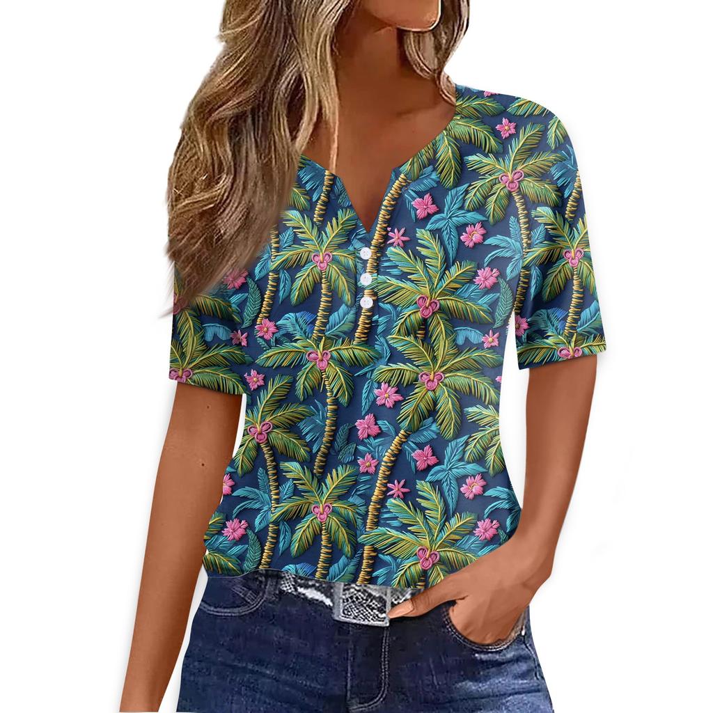 Women's T Shirt Tee Print Button Short Sleeve Daily Weekend Fashion Basic V- Neck Regular Top
