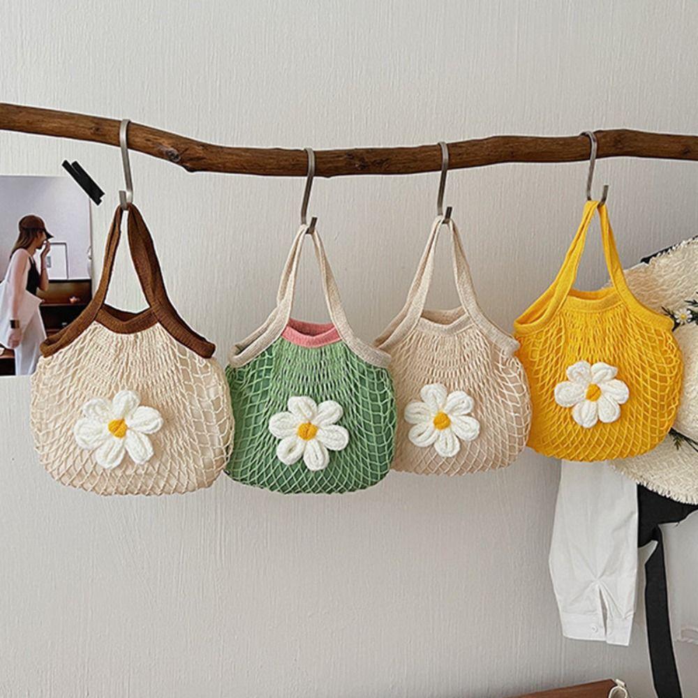 Large Capacity Hollow Out Weave Bag Flower Nylon Mesh Tote Bag Foldable Woven Handbag Shopping Bag