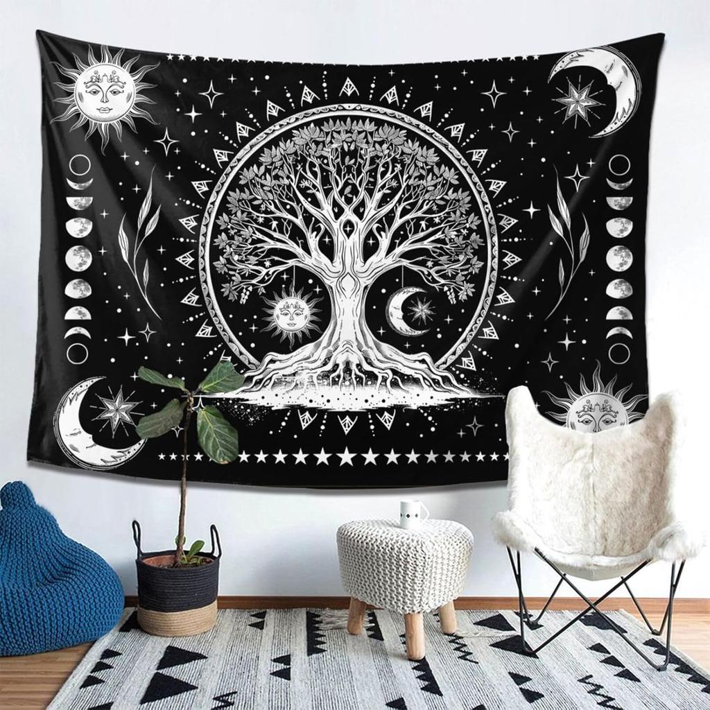 Tree Of Life Tapestry Wall Hanging, Sun And Moon Aesthetic Phase Galaxy Star Black And White Tapestries Nature Aesthetic Home
