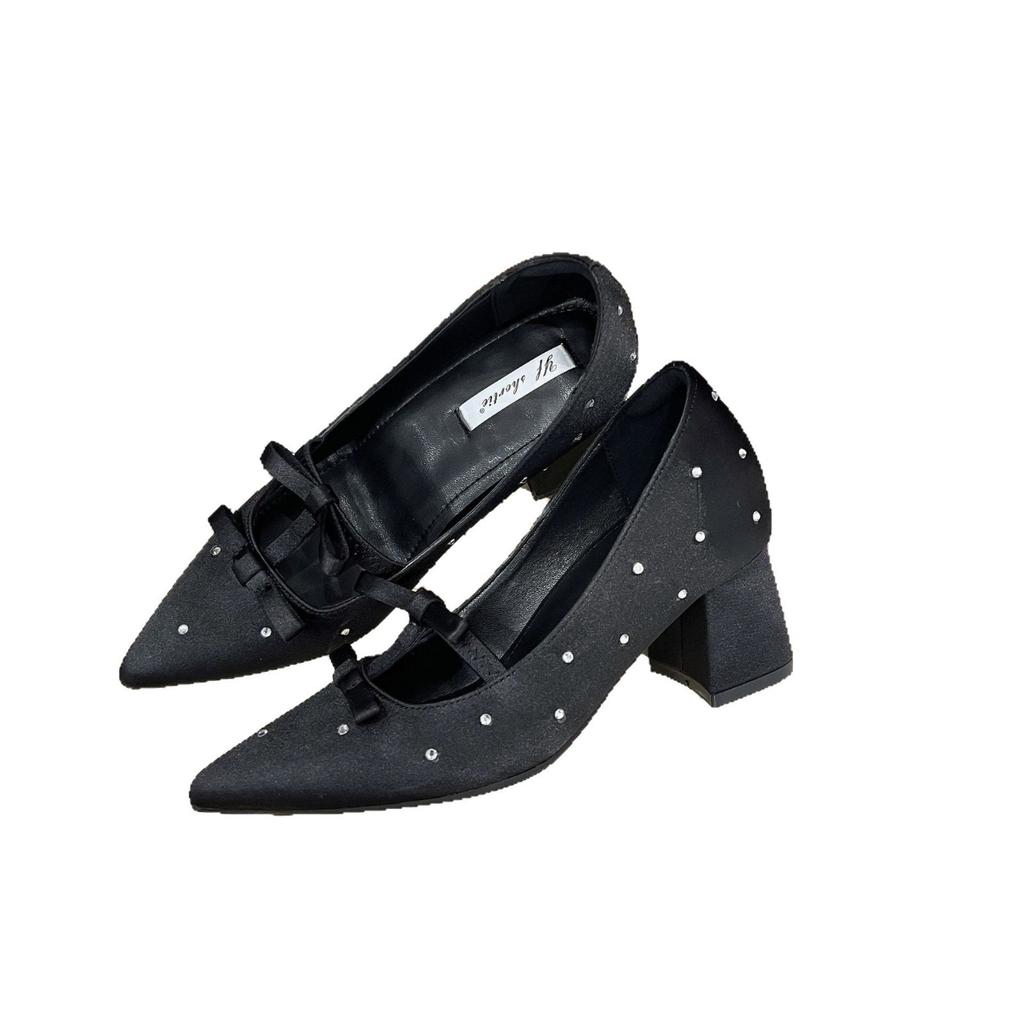 Inner heightening women's shoes satin bow thick heel single shoes 2025 spring new high-end rhinestone pointed high heels