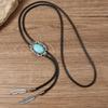 Men Women Western Cowboy Bolo Tie Vintage Turquoises Pendant Jewelry Leather Rope Necktie Tie Metal Feather Necklace