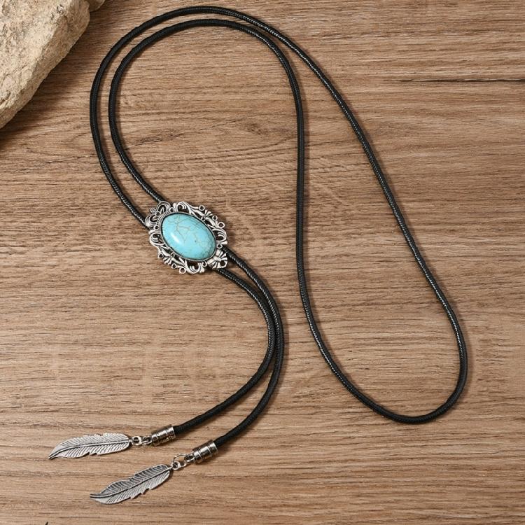 Men Women Western Cowboy Bolo Tie Vintage Turquoises Pendant Jewelry Leather Rope Necktie Tie Metal Feather Necklace
