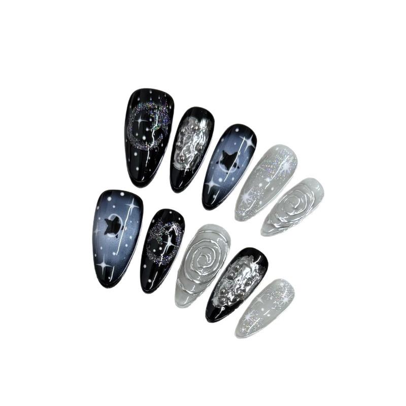 New 10pcs Handmade Wearable Press On Nails Y2k Starry Night Sky Almond Fake Nail Tips Detachable for Sweet Cool Girls&Women