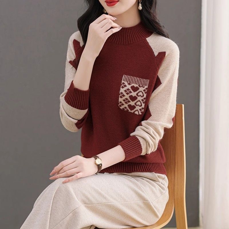 

Вязаный свитер женский осенне-зимний полувысокий ворот свободный стильный свитер для мам среднего возраста 3XL бордовый