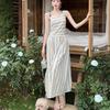 Women's Slim Fit A-line Summer Dress - French Stripe, Contrasting Colors, Elegant Waist Cinched Design