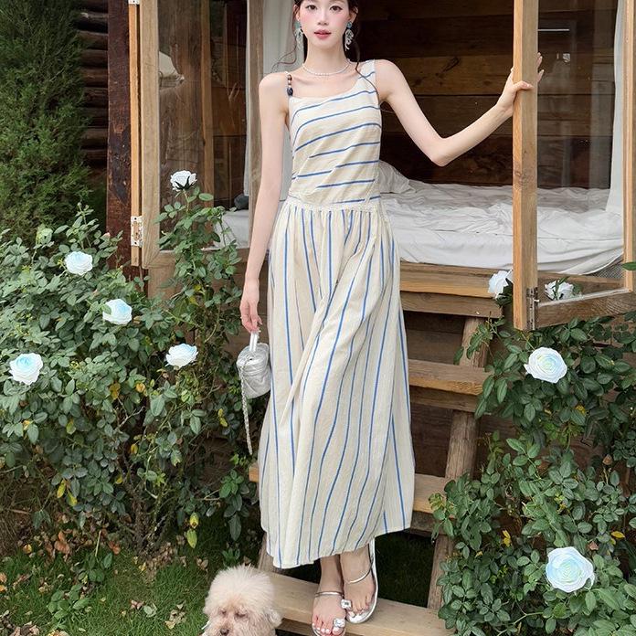 Women's Slim Fit A-line Summer Dress - French Stripe, Contrasting Colors, Elegant Waist Cinched Design