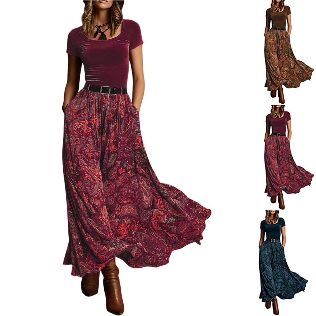 Women Vintage Velvet Patchwork Elegant Style Belted Waist Flared Long Dress Maxi Dress with Belt Casual Boho Style